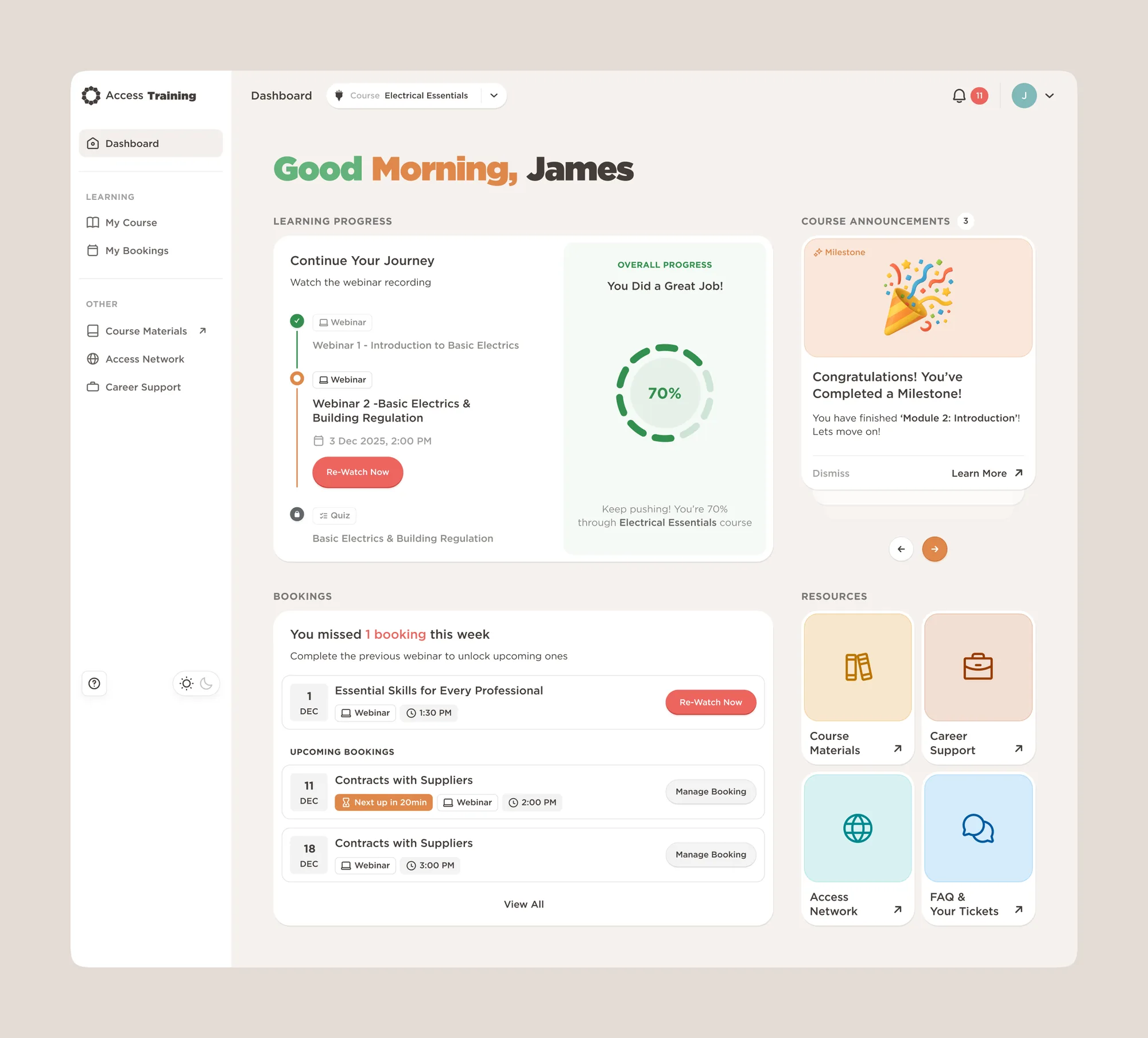 First Home concept: a light layout with a learning plan, course progress and webinar cards