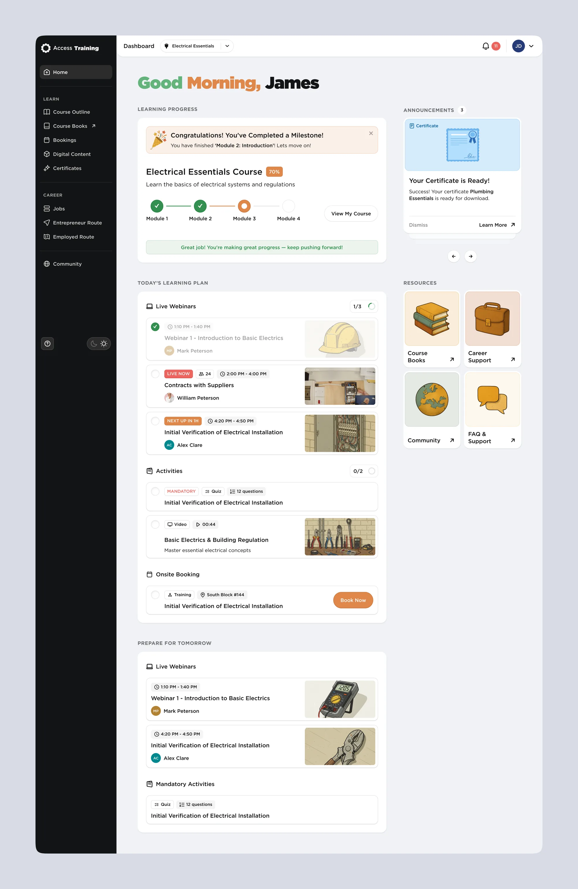 Second Home concept: course progress, upcoming activities and learning materials