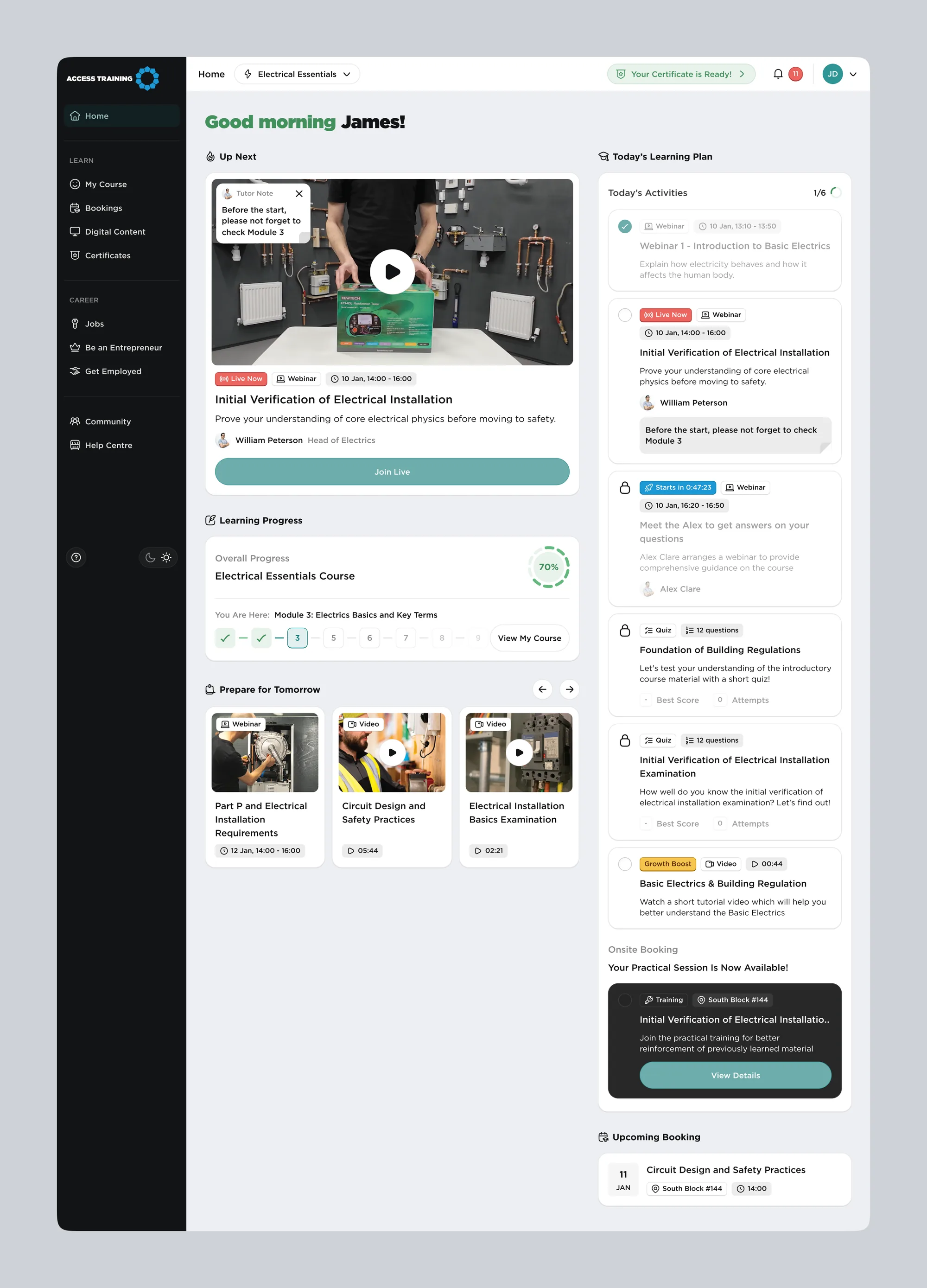 Final Home on desktop: Up Next, learning progress, Prepare for tomorrow and Today’s Learning Plan