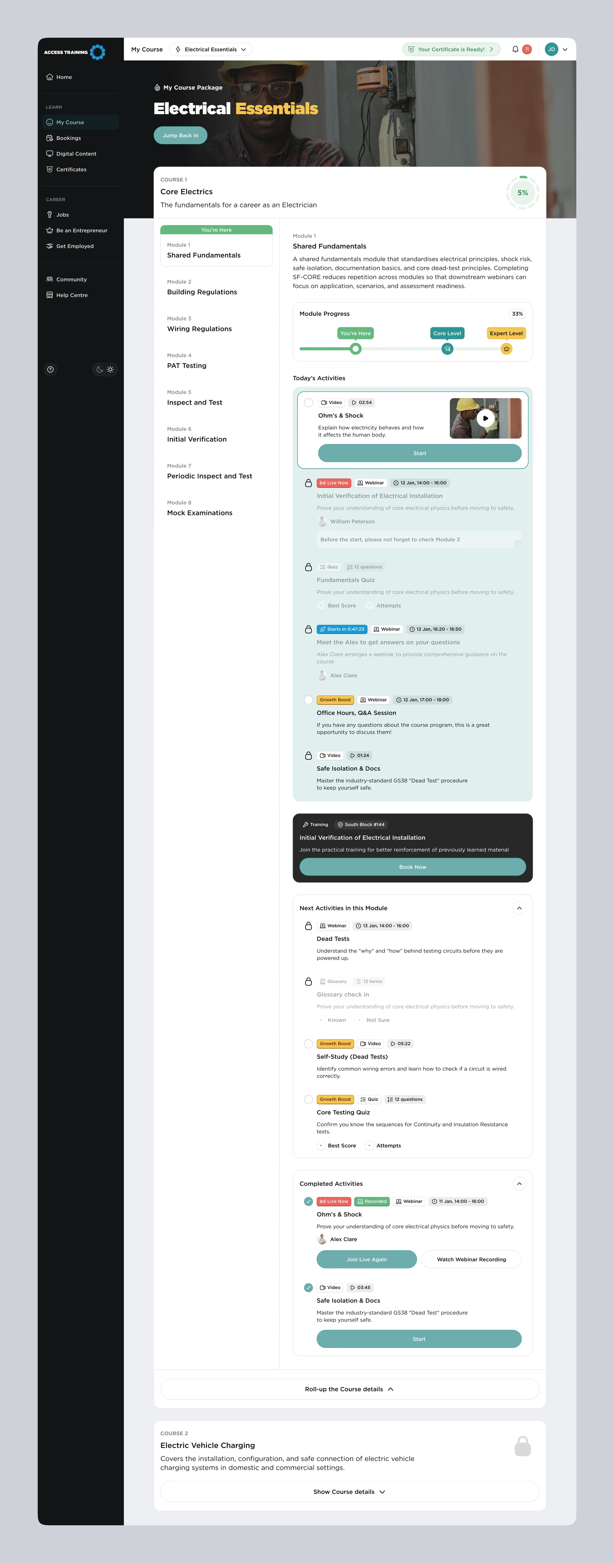 Course outline on desktop: modules in order, progress and the You’re here marker
