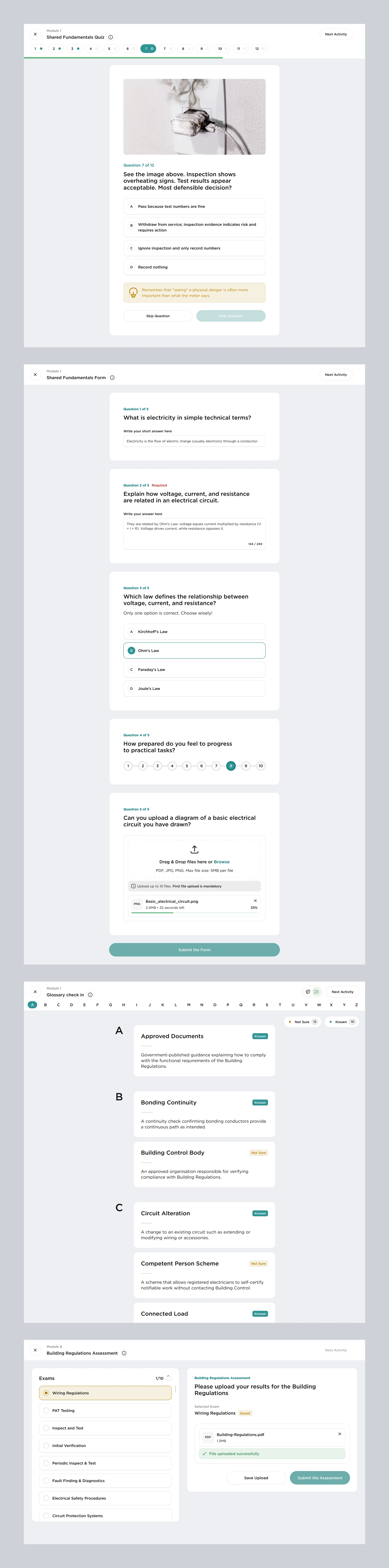 Activity screens on desktop: video lesson, webinar, quiz, glossary and exam upload