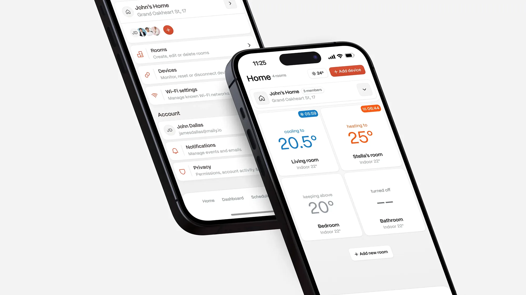 Home screen with rooms and their current and target temperatures