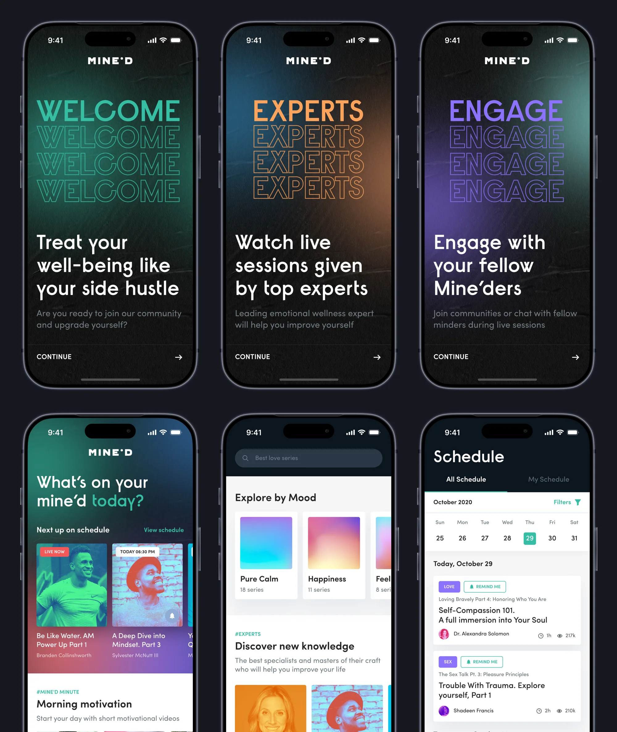 First iteration of the Mine’D app: onboarding, home, explore and schedule
