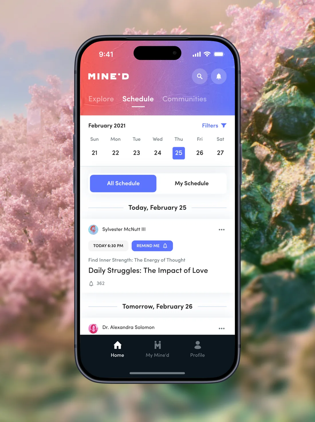 Home screen, Schedule tab