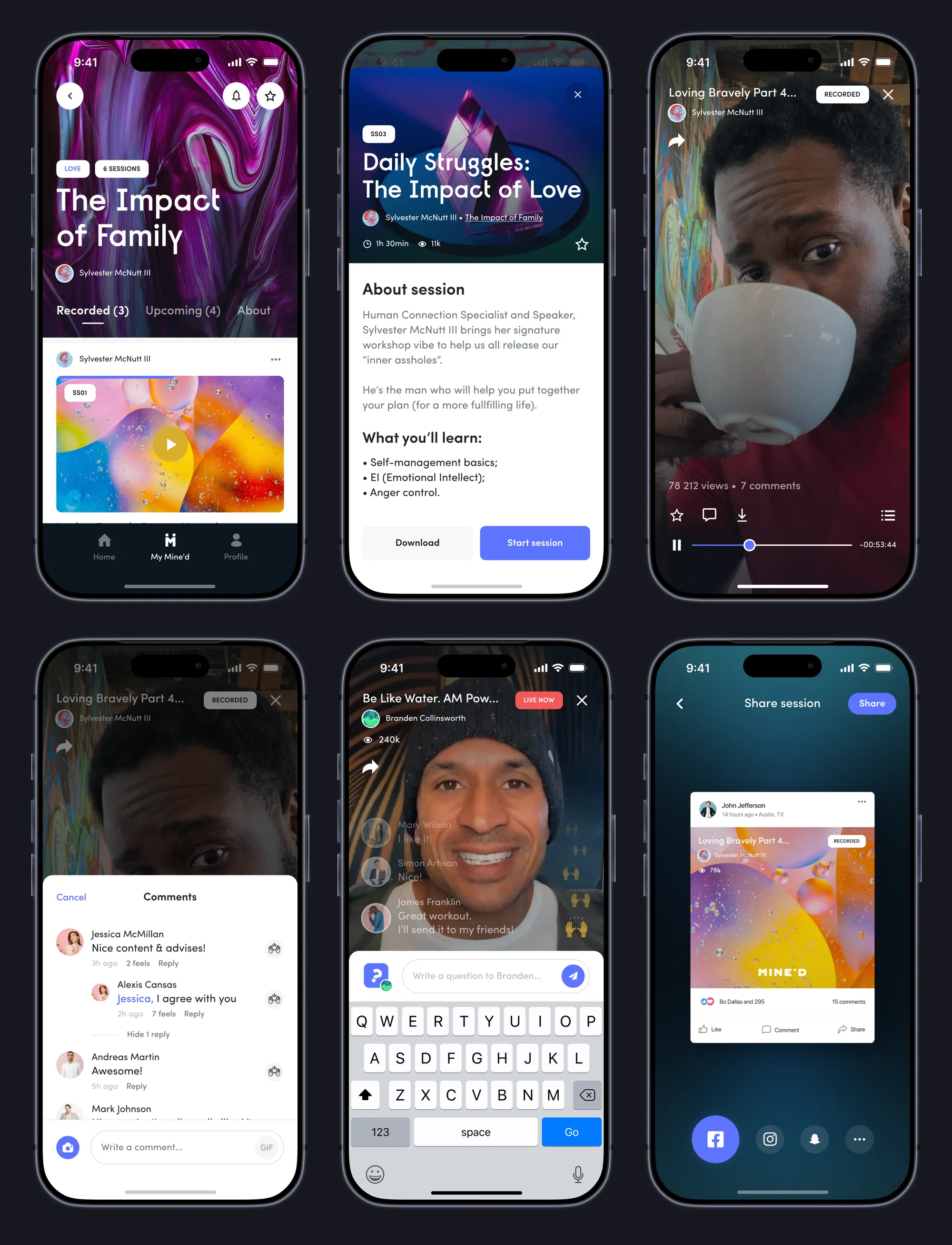 Series page, session details, video player, comments, live chat and sharing