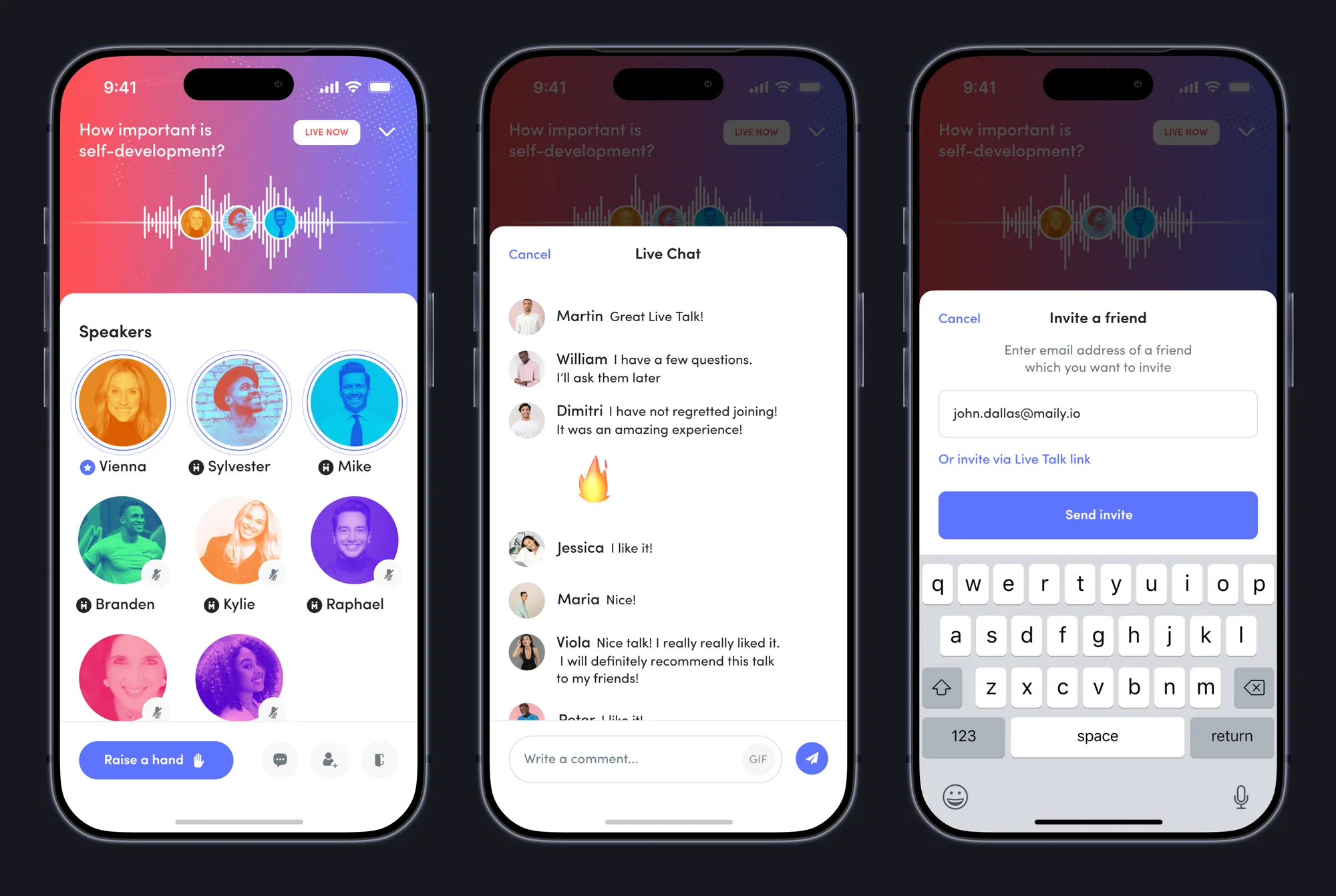 Live Talks room with speakers, live chat and an invite screen