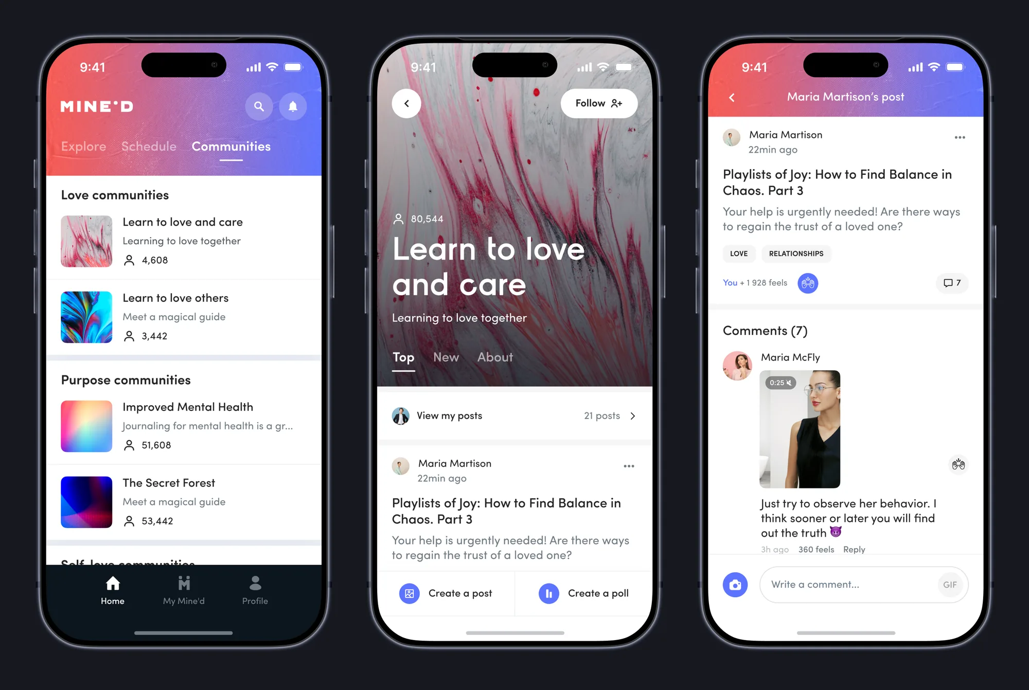 Communities list, a community page and a post with comments
