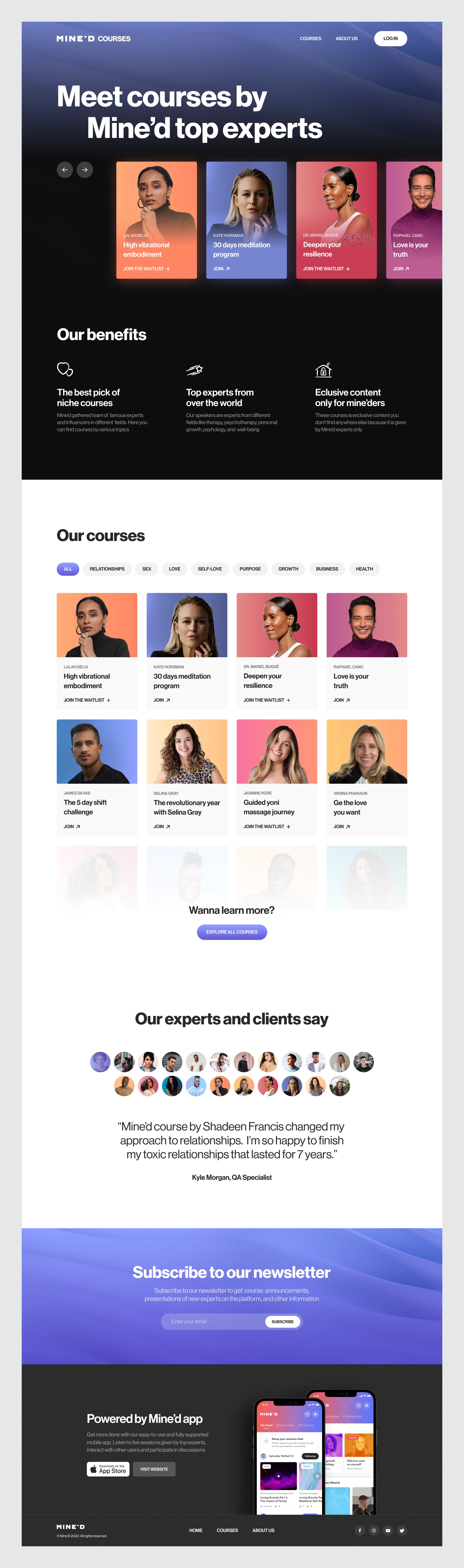 Mine’D Courses website: hero, benefits, course catalog, testimonials and newsletter