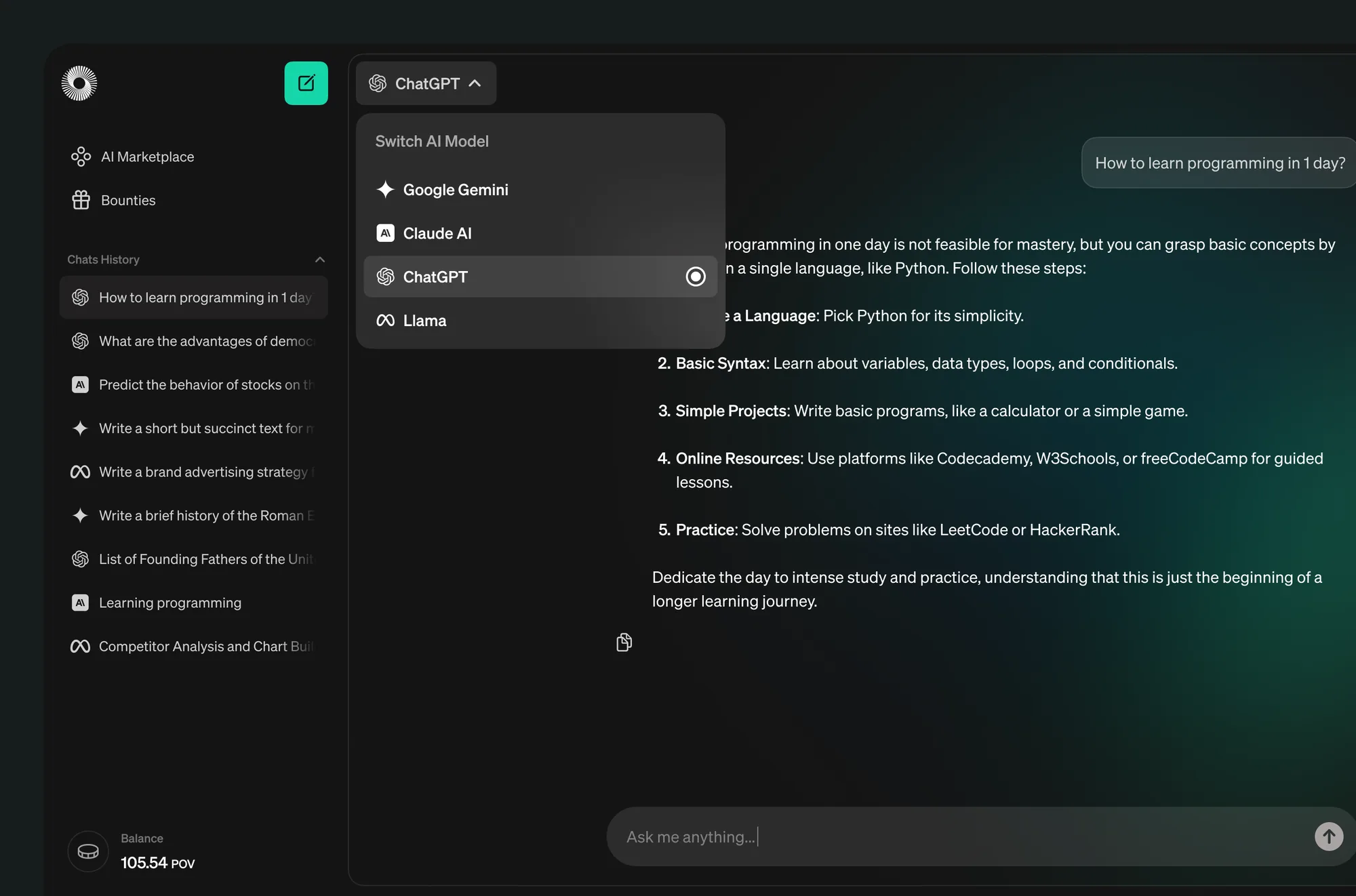 Desktop chat with the model switcher open