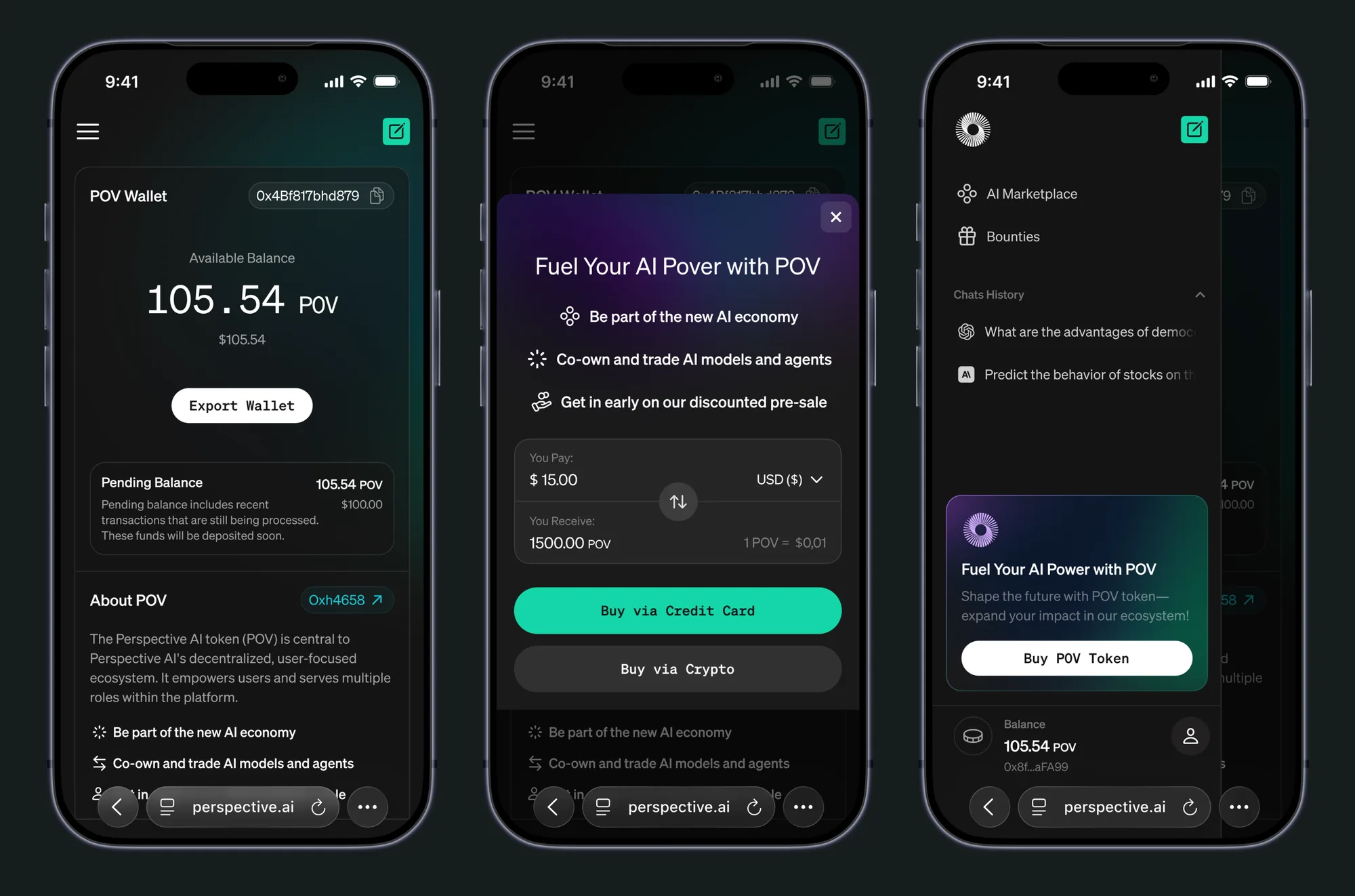 POV wallet, the Buy POV sheet and the sidebar with a token promo card