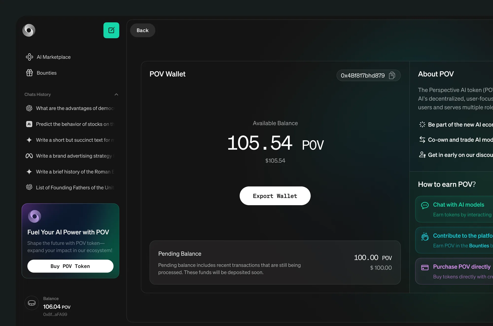 Desktop balance screen with pending balance and ways to earn POV