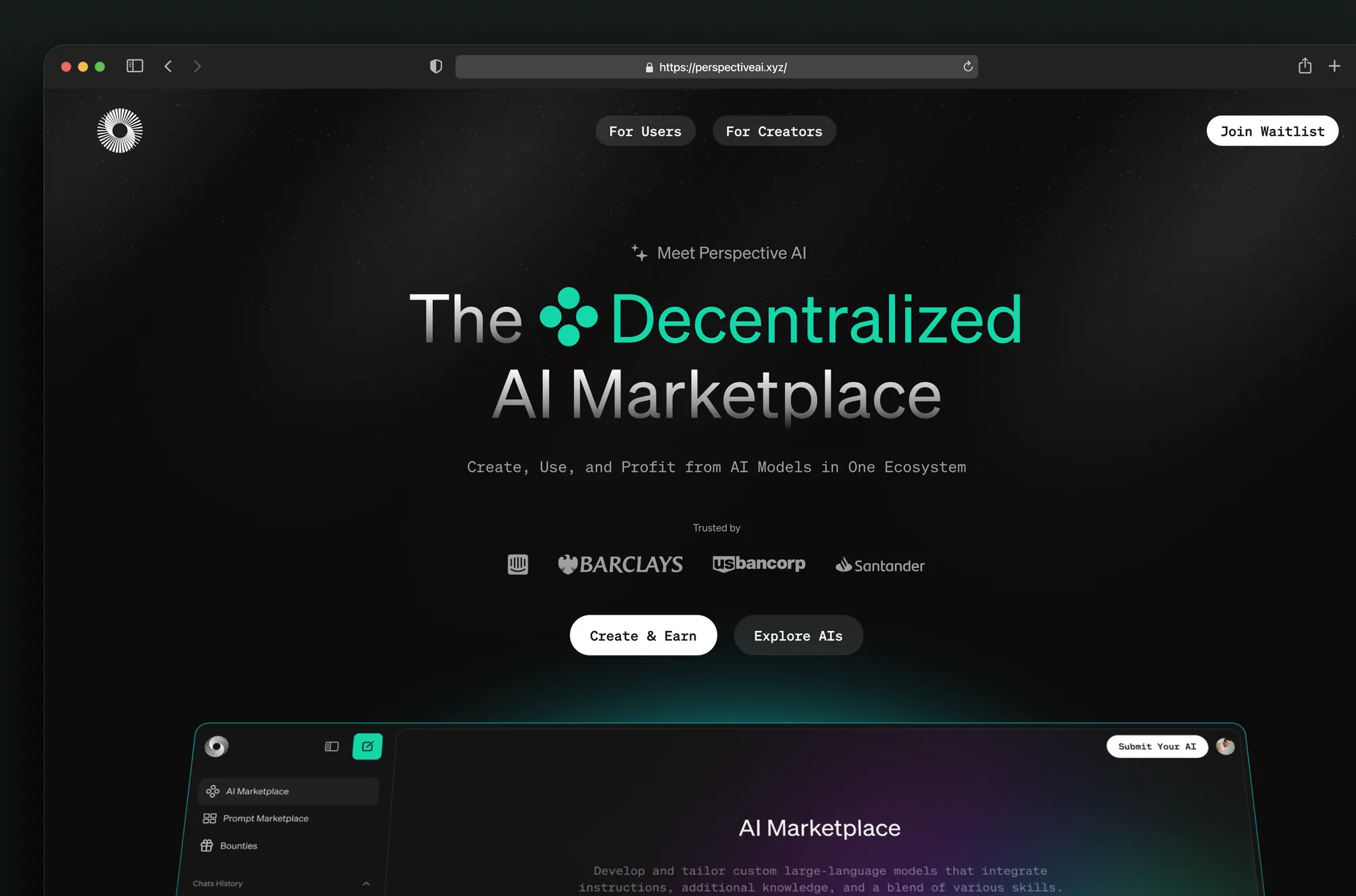 Landing page hero: The Decentralized AI Marketplace