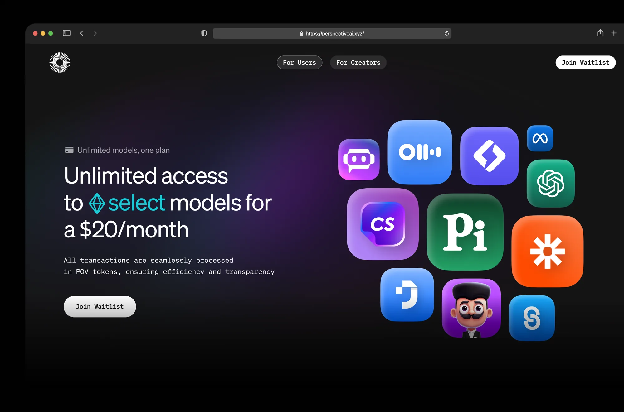 Landing page section: unlimited access to select models for $20 a month